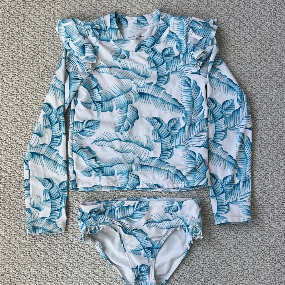 Janie and Jack White Swim Set with Teal Leaf Print - Girls Rash Guard Bikini